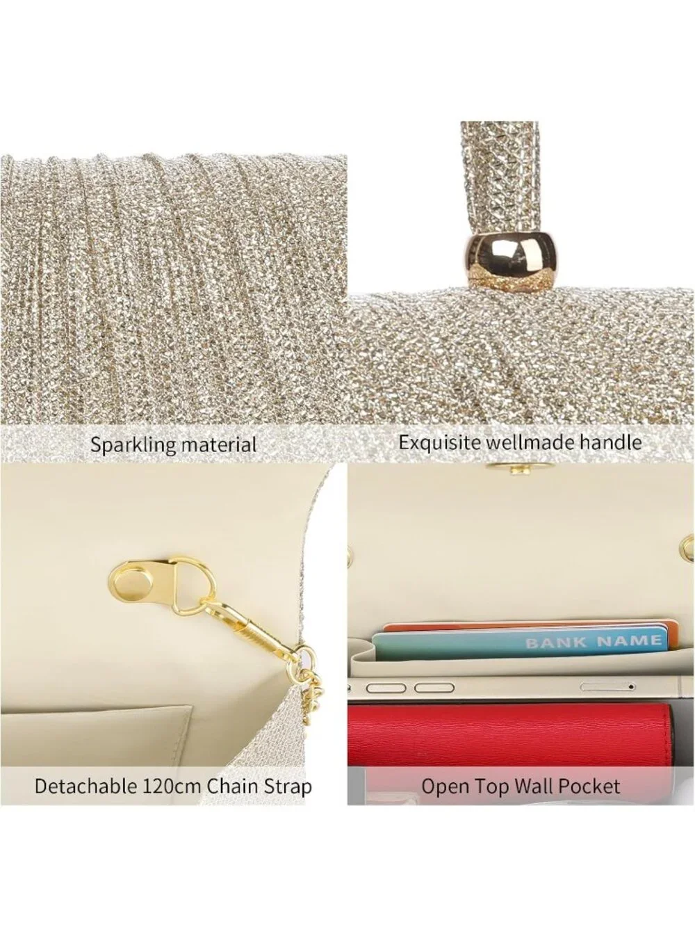 👜Women's Rhinestone Gold Clutch Purse Crystal Diamond Glitter Sparkly Handbag